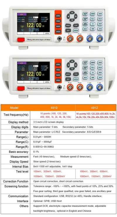  MetroQ , MTQ 4910 Bench Top LCR With Testing Frequency from 10Hz to 100KHz - 3.5 inch Colour TFT - Testing Frequency in 16 Steps from 100Hz to 10KHz