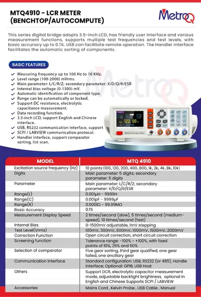 MetroQ , MTQ 4910 Bench Top LCR With Testing Frequency from 10Hz to 100KHz - 3.5 inch Colour TFT - Testing Frequency in 16 Steps from 100Hz to 10KHz