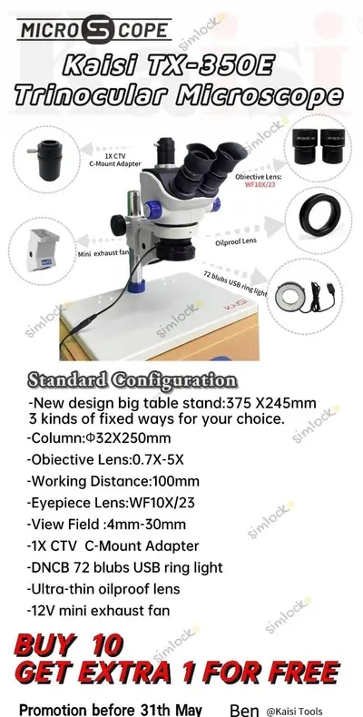 Kaisi TX-350E 7X-50X Microscope Zoom Stereo Microscope with Big Base for Mobile Phone PCB Repair