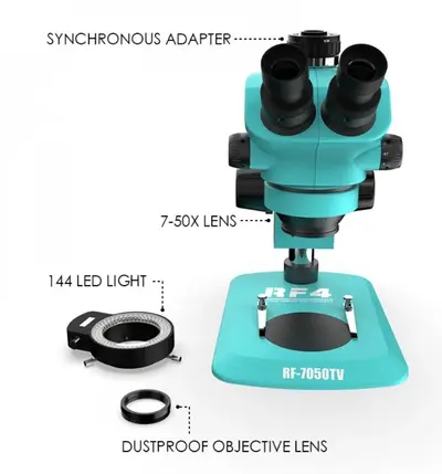 RF4 RF-7050TV TRINOCULAR STEREO MICROSCOPE WITH 7X TO 50X CONTINUOUS ZOOM