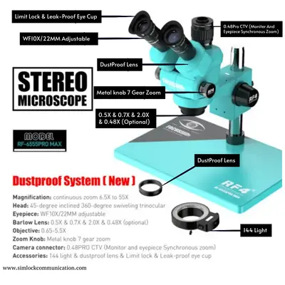 RF4 RF6555Pro Max 6.5-55X Synchronous Zoom Trinocular Stereo Microscope with Aluminum Alloy Base