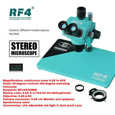 RF4 RF6565Pro 6.5-65X Synchronous Zoom Trinocular Stereo Microscope with Aluminum Alloy Base